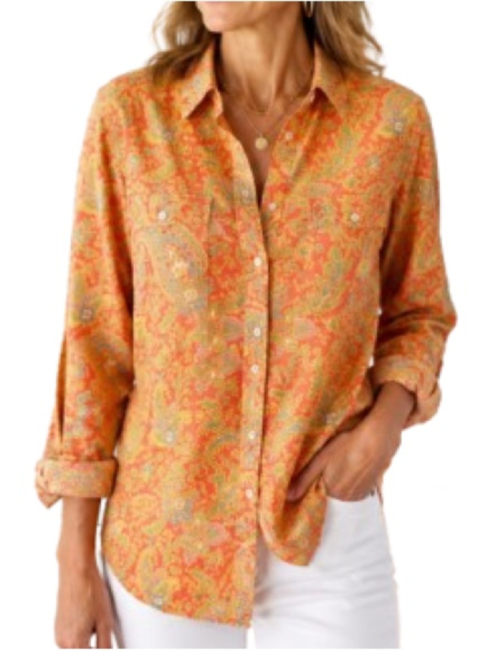Lauren Ralph Lauren Paisley Cotton Shirt Womens Large Coastal Boho Resort Orange